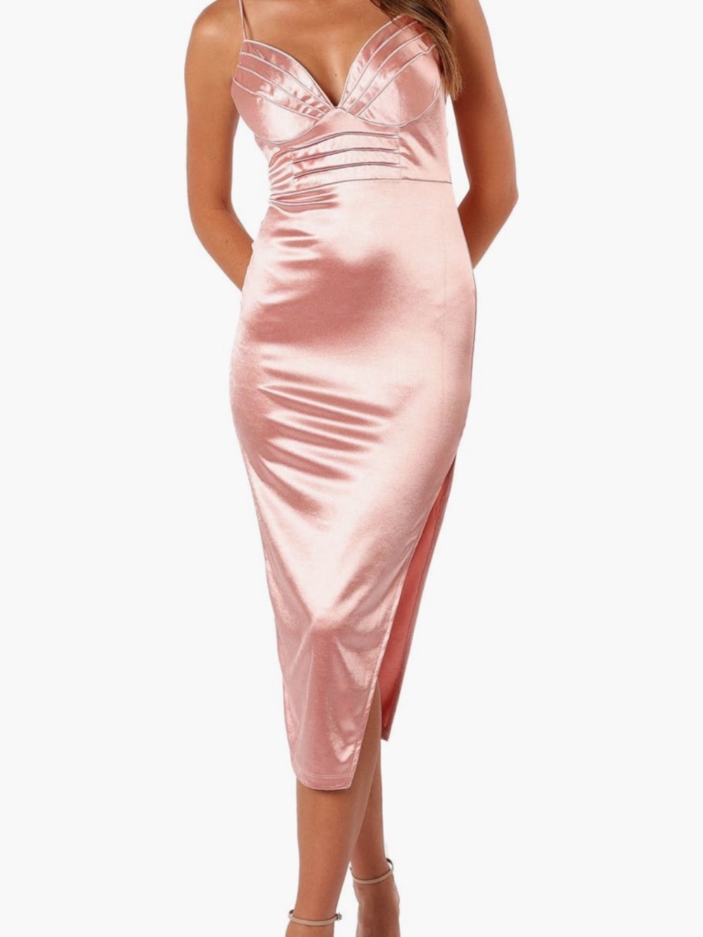Petal & Pup Kari Satin Cowl Bust Midi Dress in Rose Cocktail Dress